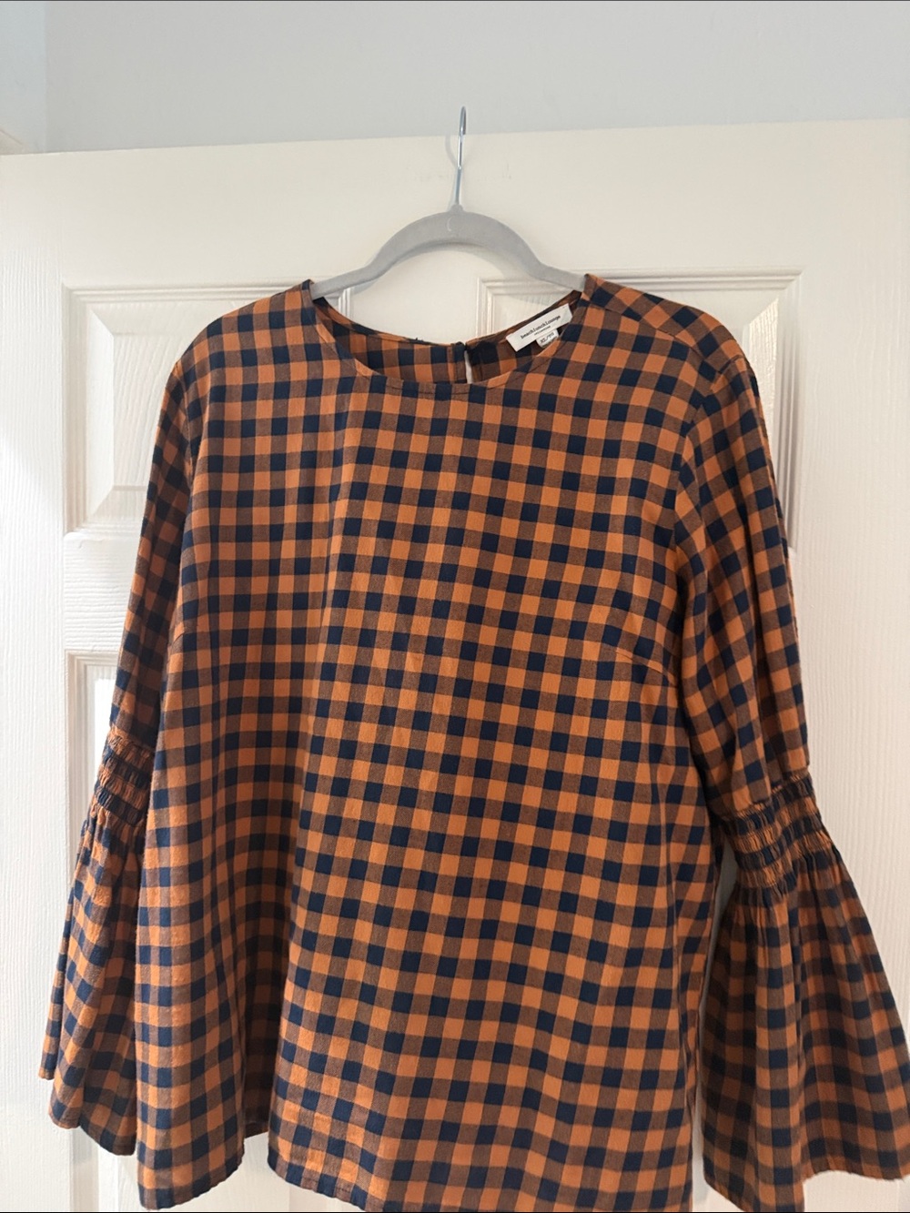 beachlunchlounge Navy and Orange Gingham Bell Sleeve Blouse